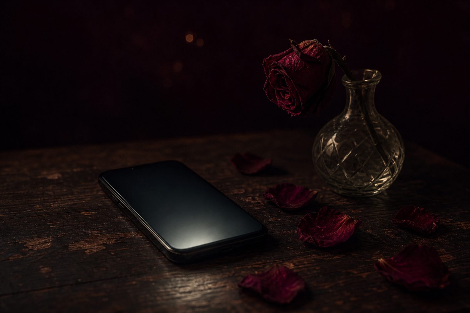 深夜、スマホの画面だけが光る机